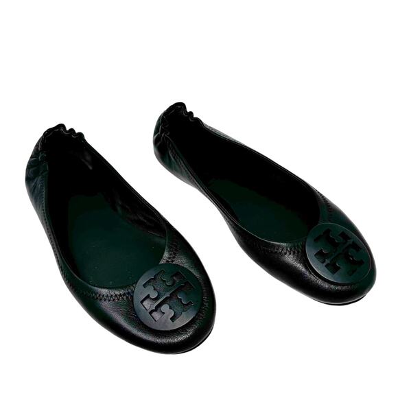 Tory Burch Minnie Travel Flats Black Leather Tonal Logo Ballet Shoes Size 7 - Picture 1 of 9
